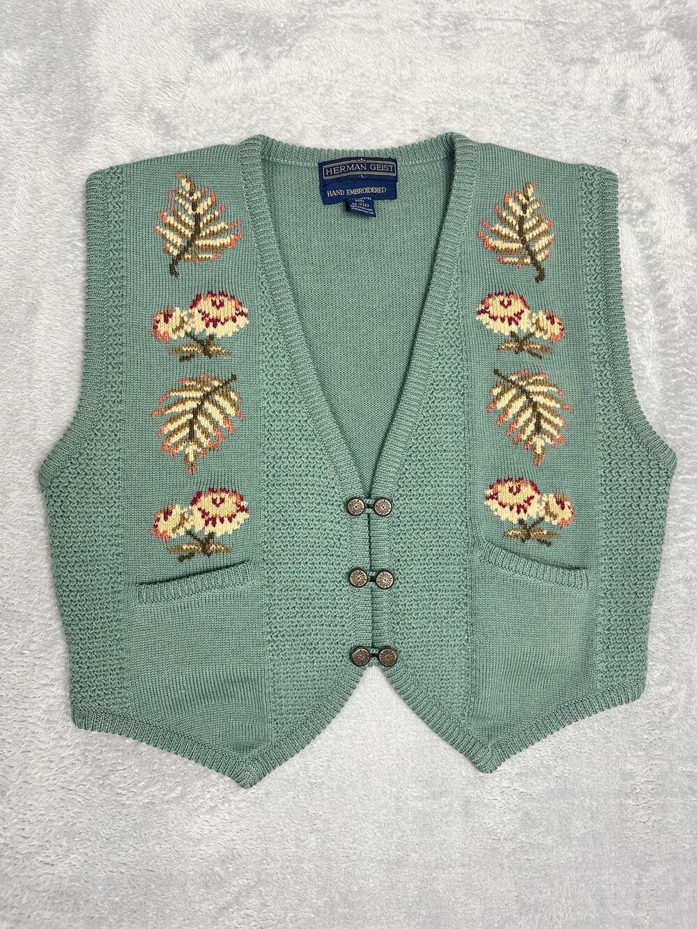 Vtg 90s Herman Geist Wool Green Embroidered Vest Large Knit Cottagecore Academia